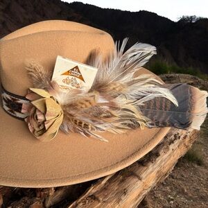 Tan Feathered Hat with Decorative Band